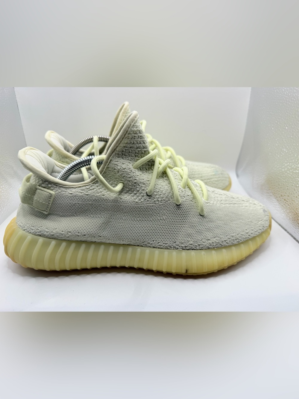 adidas Yeezy Men's Pale Yellow Knit Sneakers with Cream Sole